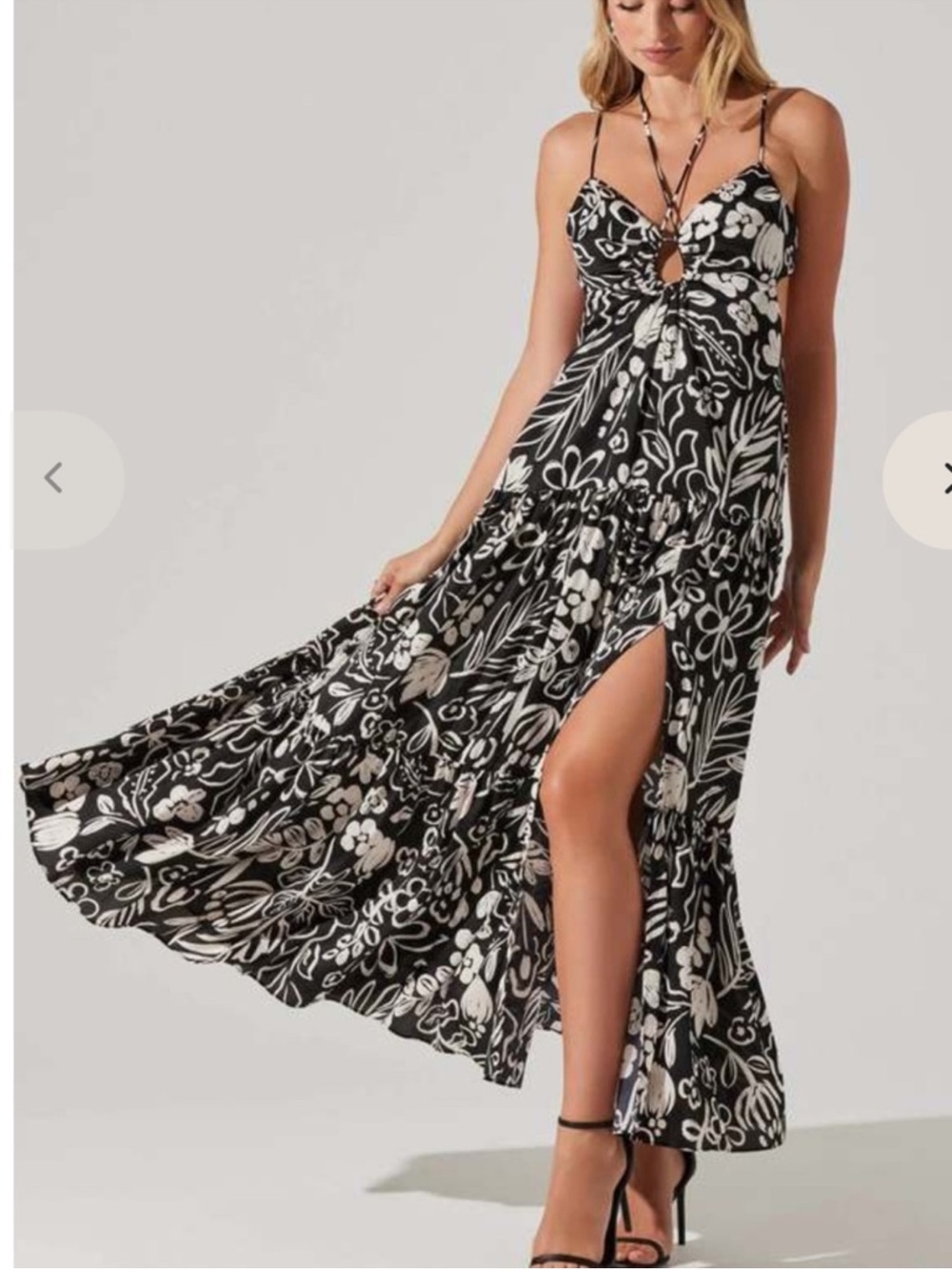 Cassini Tiered Astr Black Maxi Dress with Cream Floral Print and Strappy Back